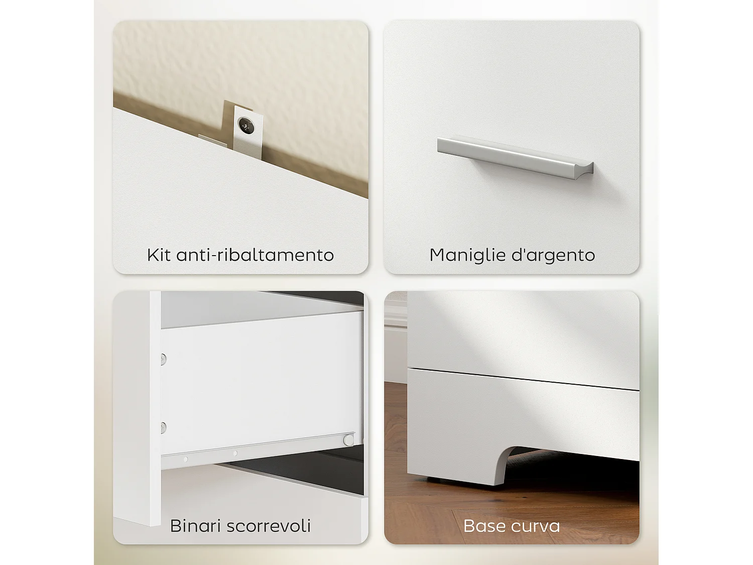 Libreria a muro con 3 ripiani aperti e 3 cassetti in legno bianco