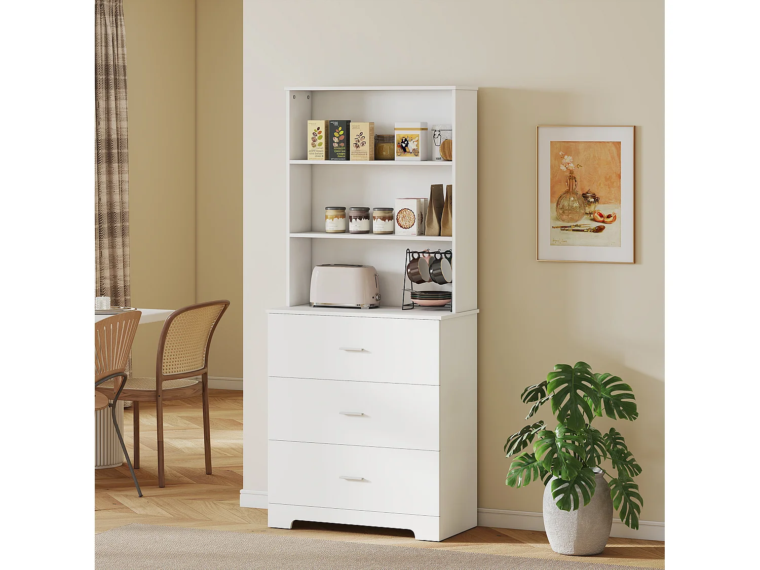 Libreria a muro con 3 ripiani aperti e 3 cassetti in legno bianco