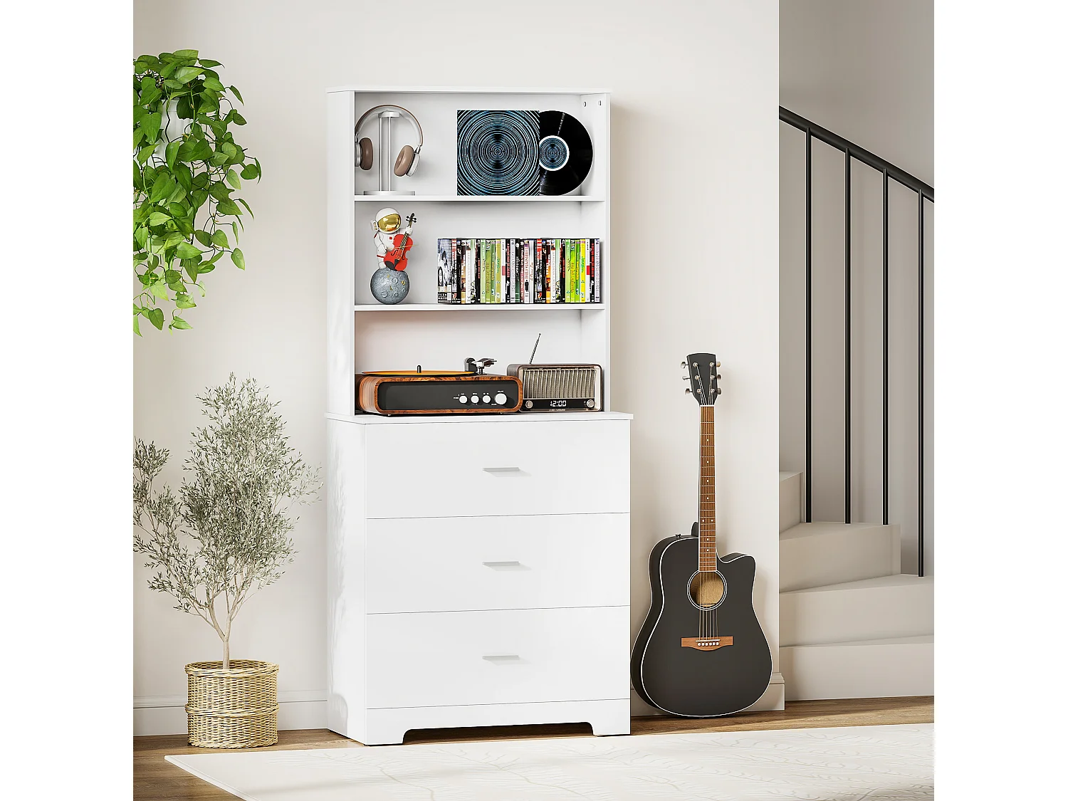 Libreria a muro con 3 ripiani aperti e 3 cassetti in legno bianco