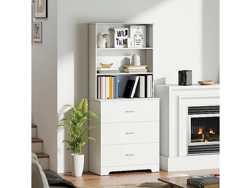 Libreria a muro con 3 ripiani aperti e 3 cassetti in legno bianco