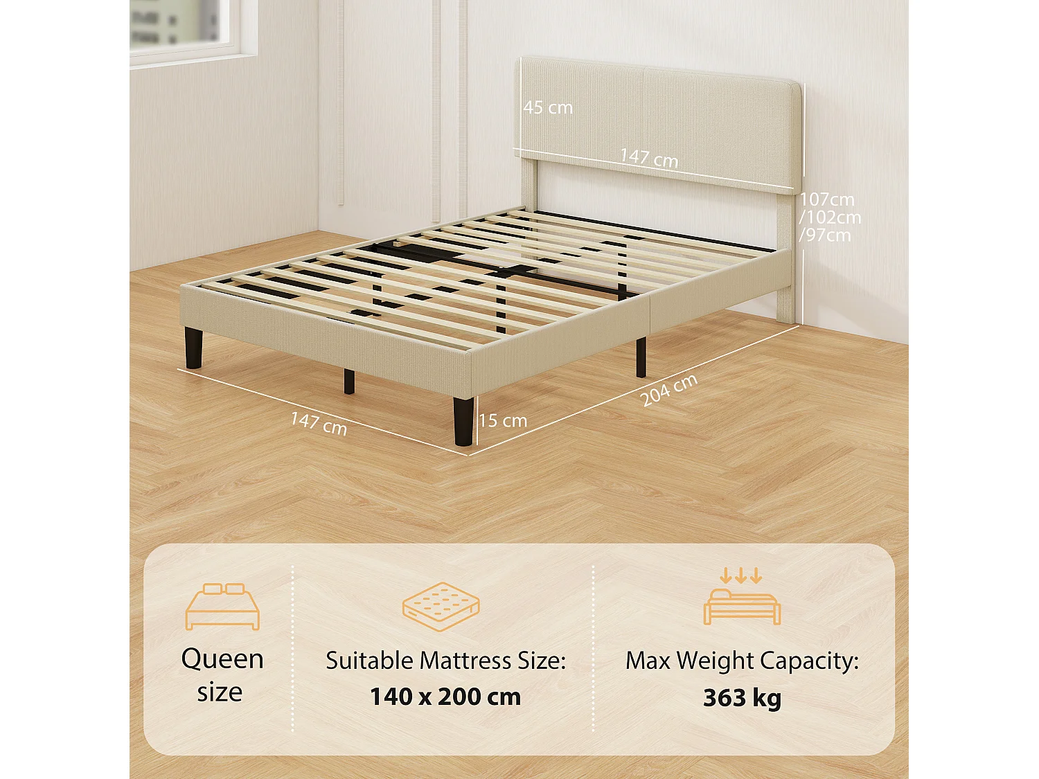 Struttura letto 140x200 cm con testiera imbottita regolabile grigio