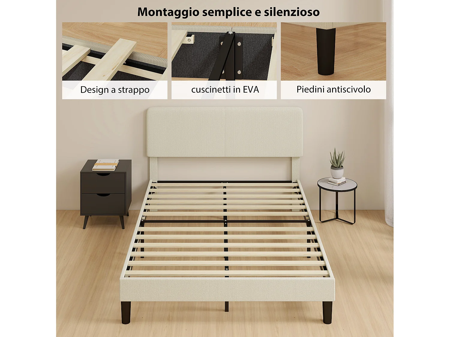 Struttura letto 140x200 cm con testiera imbottita regolabile grigio