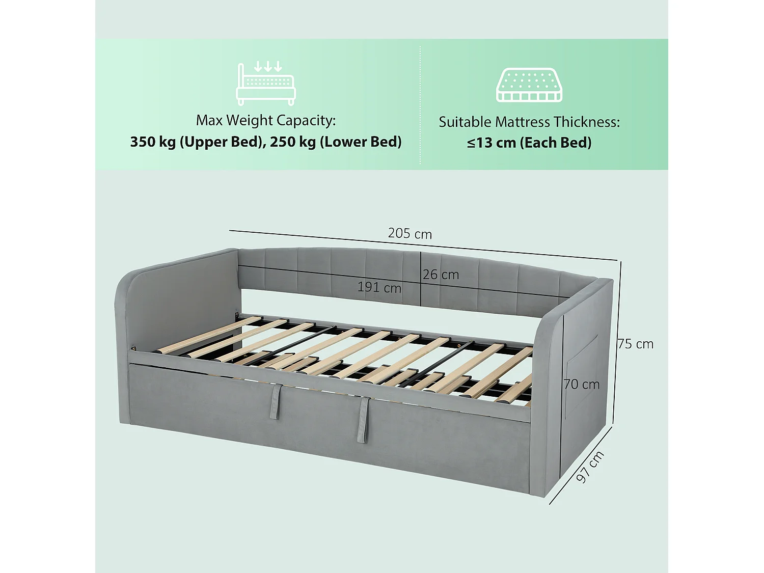 Divano letto con secondo letto estraibile matrimoniale grigio chiaro