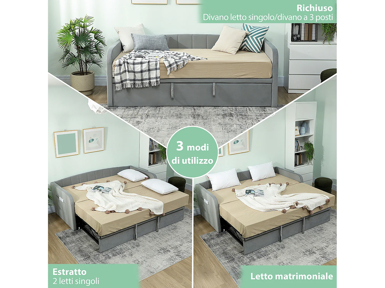 Divano letto con secondo letto estraibile matrimoniale grigio chiaro