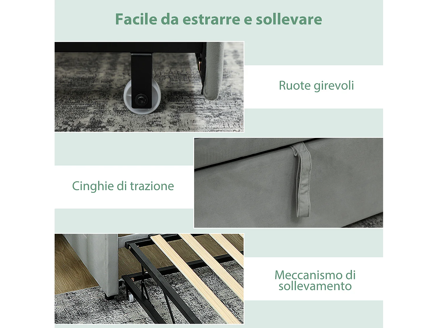 Divano letto con secondo letto estraibile matrimoniale grigio chiaro