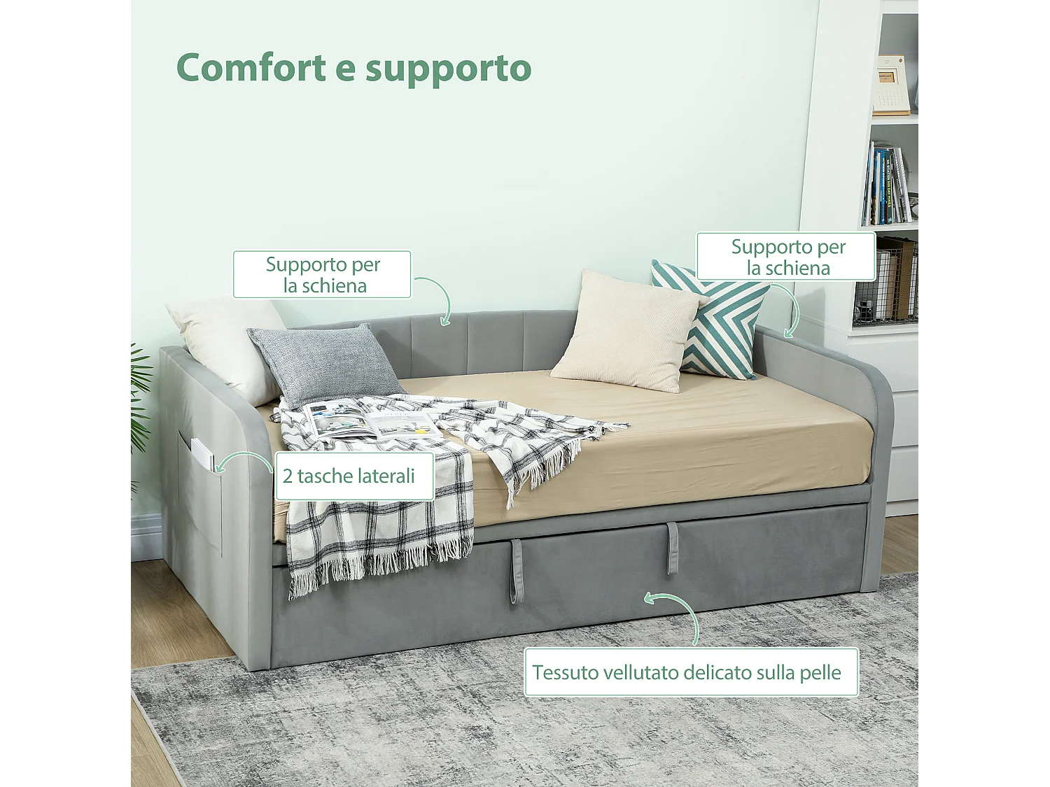 Divano letto con secondo letto estraibile matrimoniale grigio chiaro