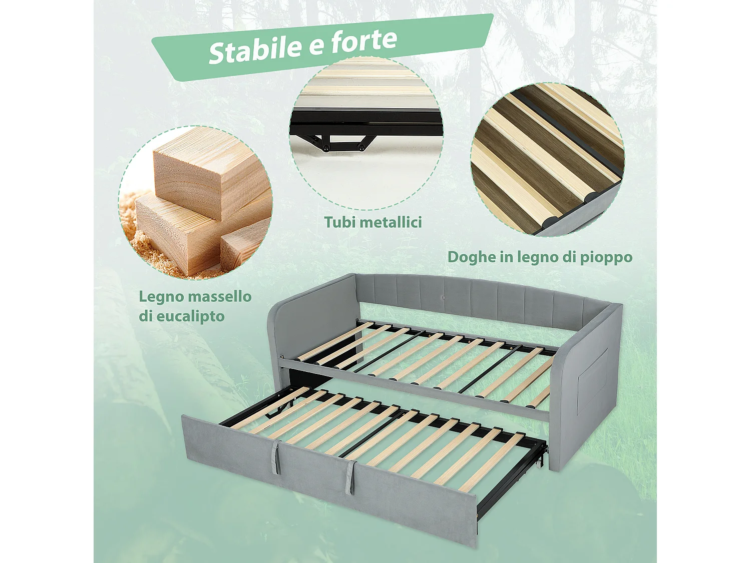 Divano letto con secondo letto estraibile matrimoniale grigio chiaro