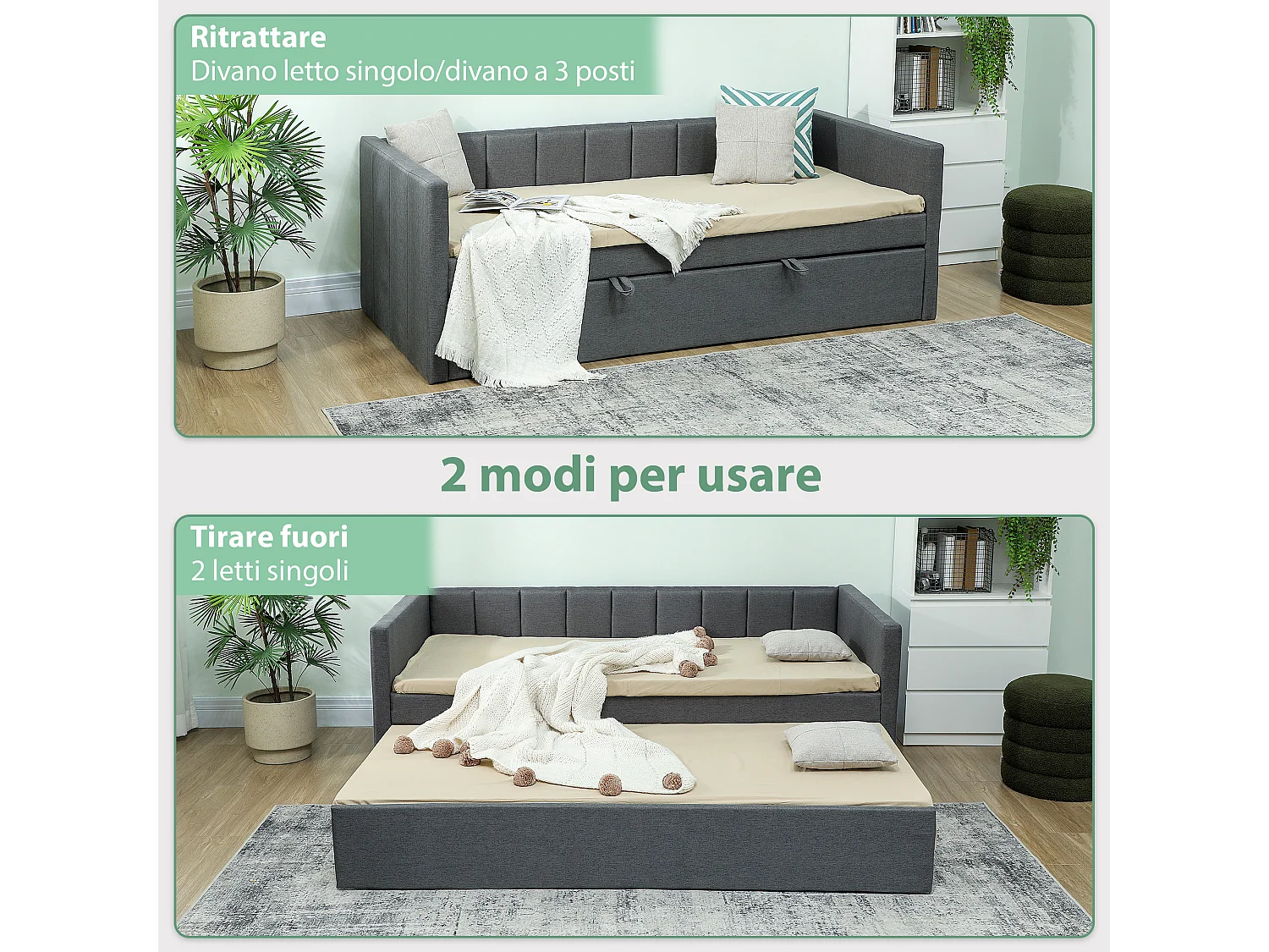 Divano letto singolo con secondo letto estraibile grigio scuro