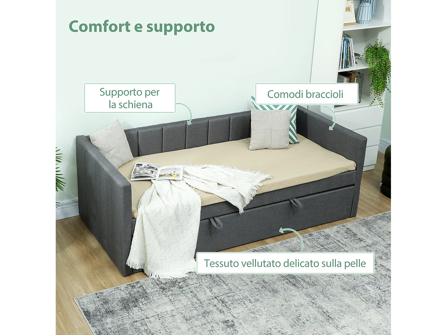 Divano letto singolo con secondo letto estraibile grigio scuro