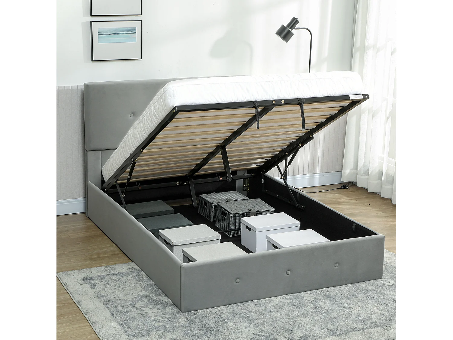 Letto contenitore con spazio a scomparsa e testiera vellutata grigio