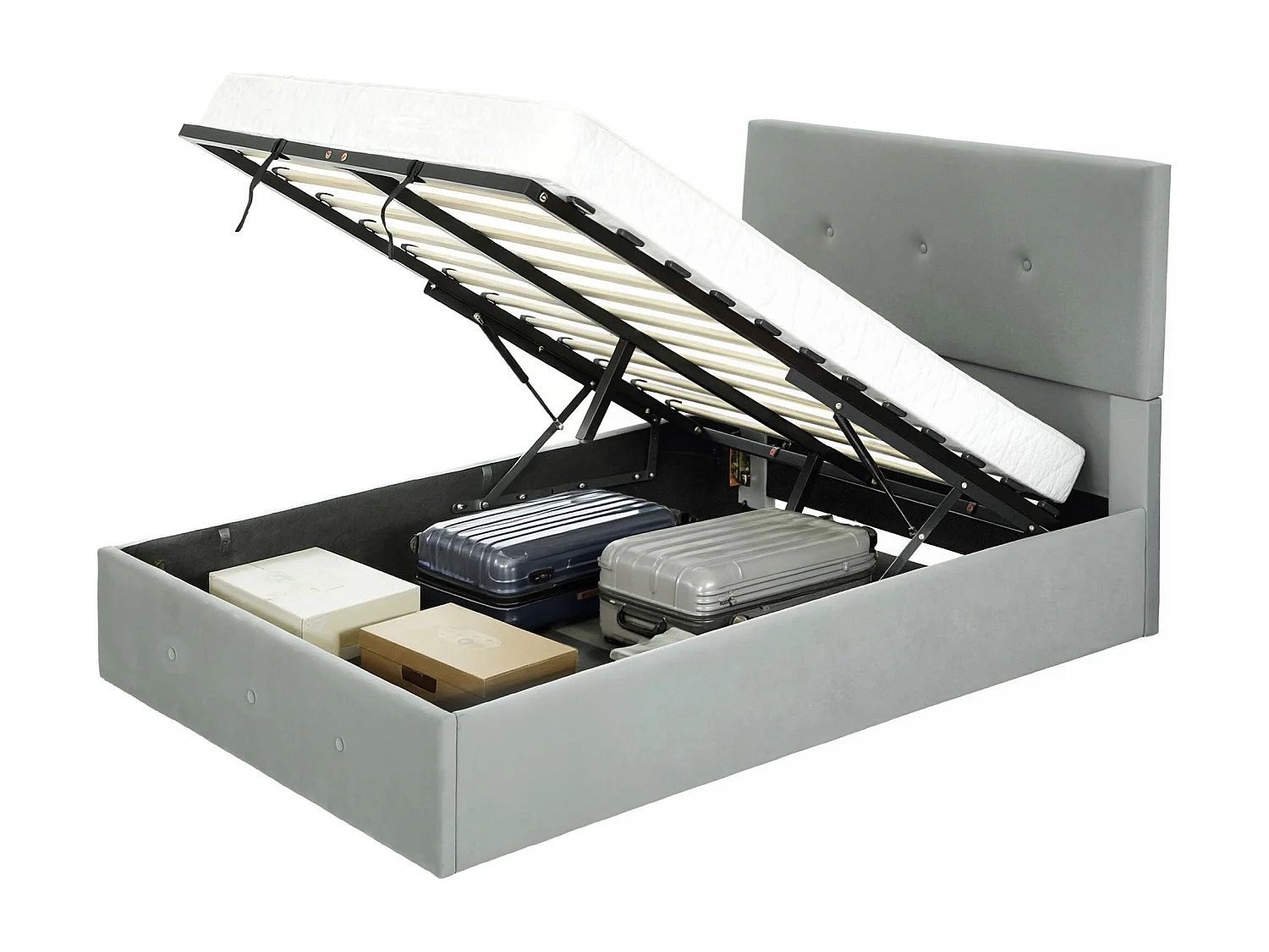 Letto contenitore con spazio a scomparsa e testiera vellutata grigio