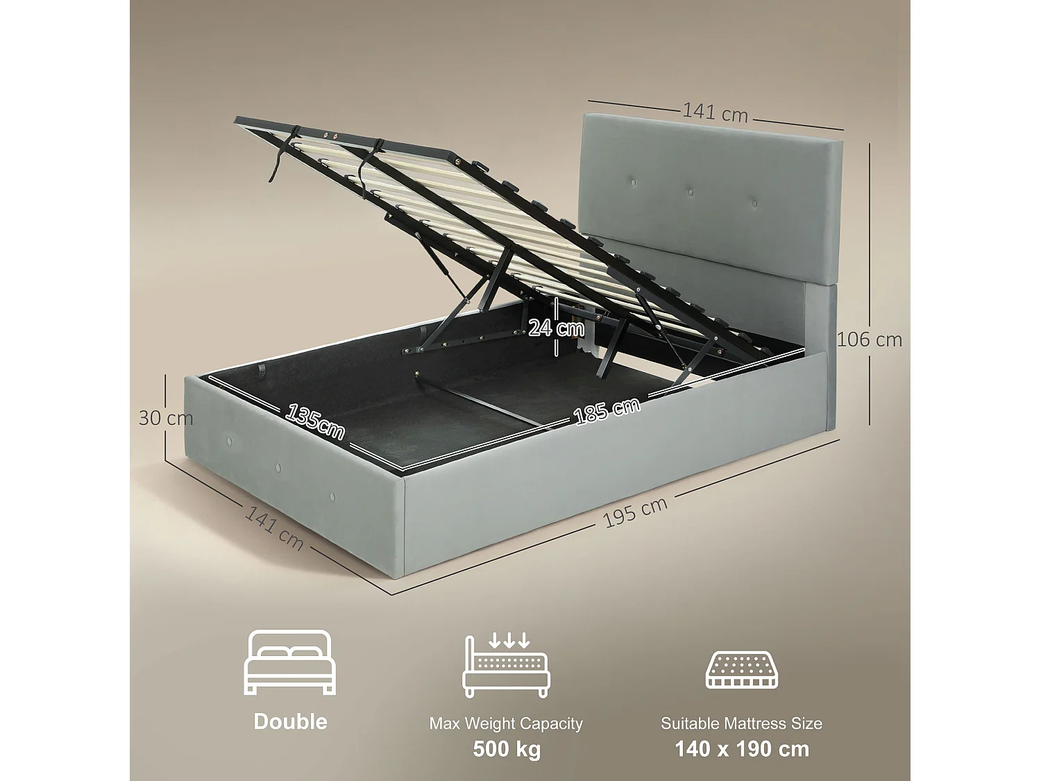 Letto contenitore con spazio a scomparsa e testiera vellutata grigio