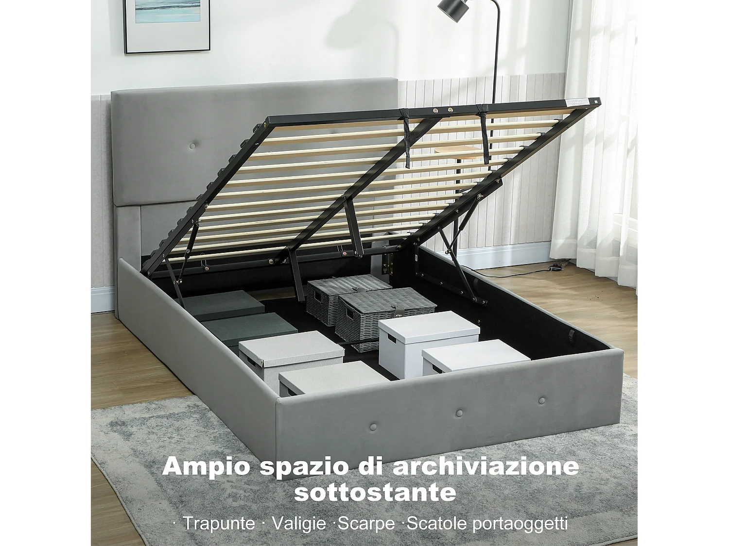 Letto contenitore con spazio a scomparsa e testiera vellutata grigio