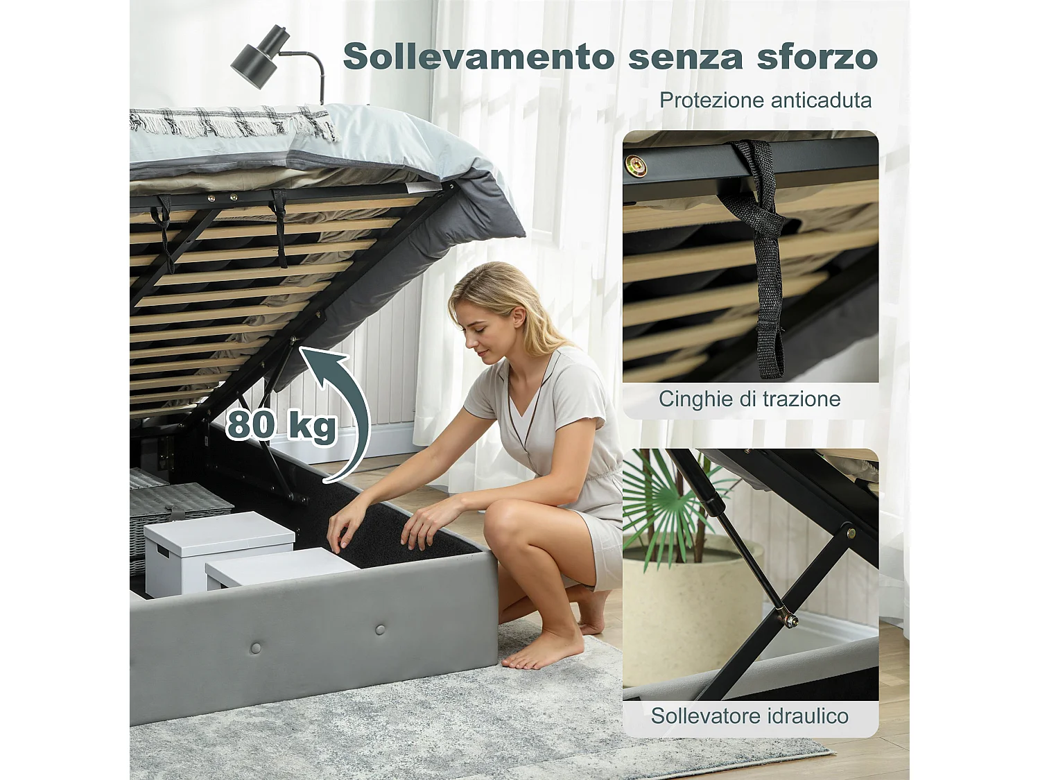 Letto contenitore con spazio a scomparsa e testiera vellutata grigio