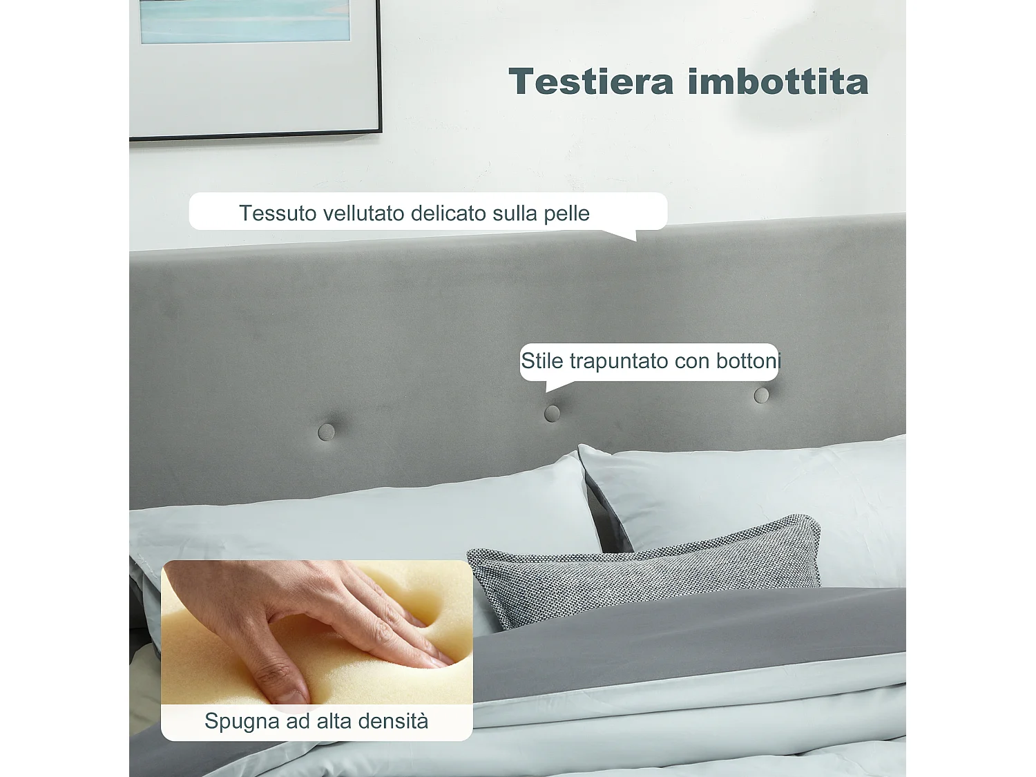 Letto contenitore con spazio a scomparsa e testiera vellutata grigio