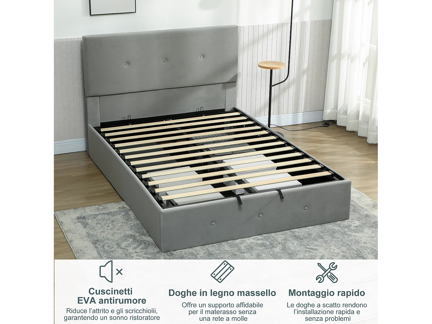 Letto contenitore con spazio a scomparsa e testiera vellutata grigio