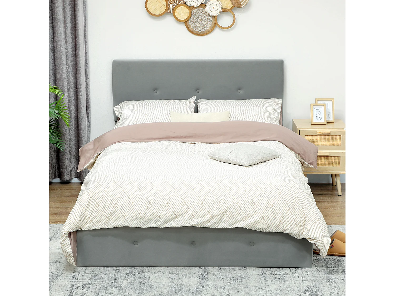 Letto contenitore con spazio a scomparsa e testiera vellutata grigio