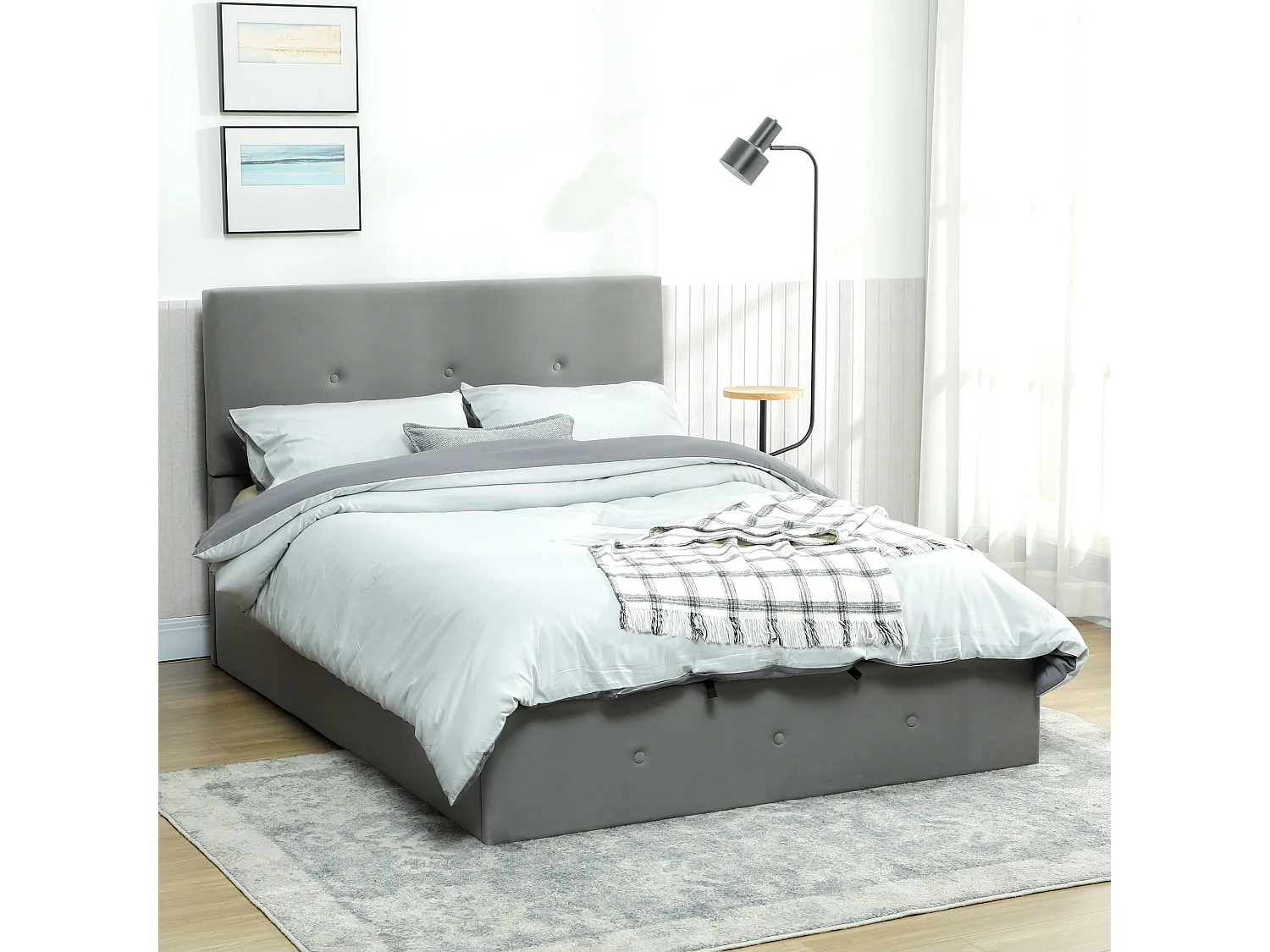 Letto contenitore con spazio a scomparsa e testiera vellutata grigio