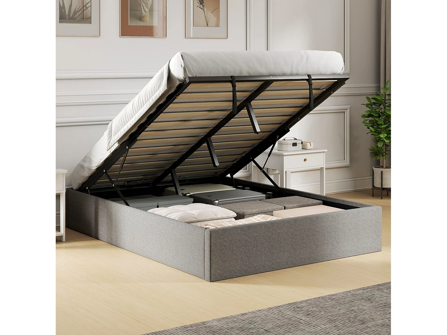 Letto contenitore 190x140 cm con doghe in legno e tessuto grigio