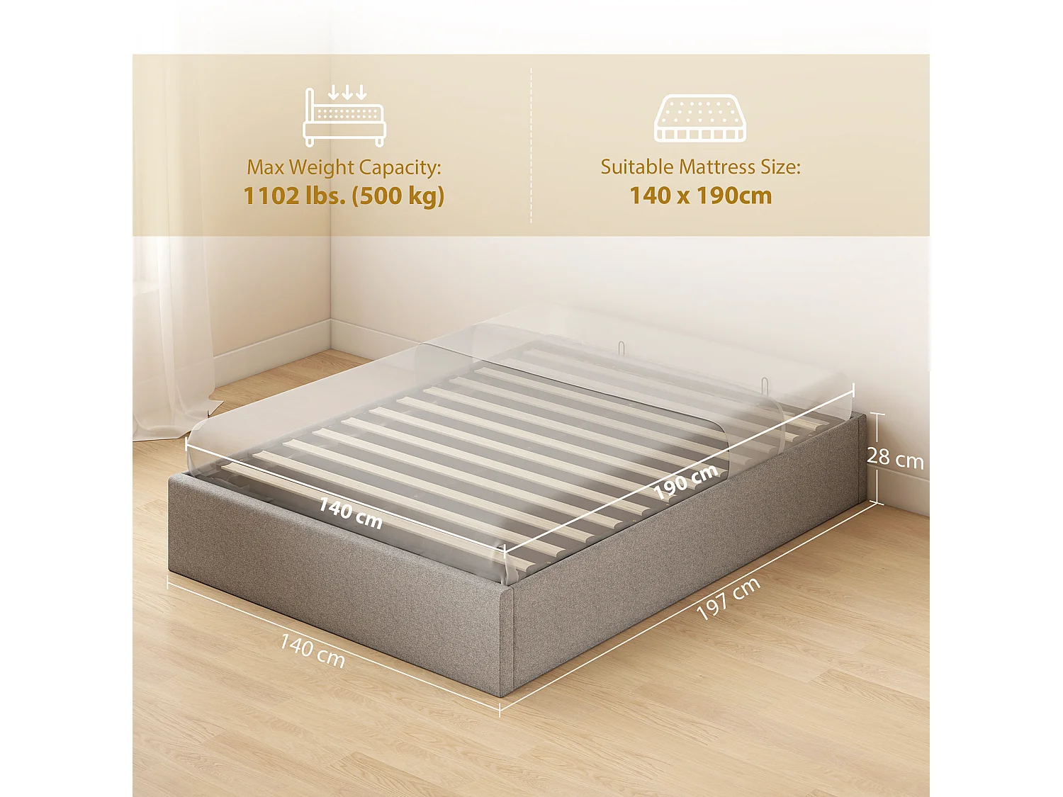 Letto contenitore 190x140 cm con doghe in legno e tessuto grigio