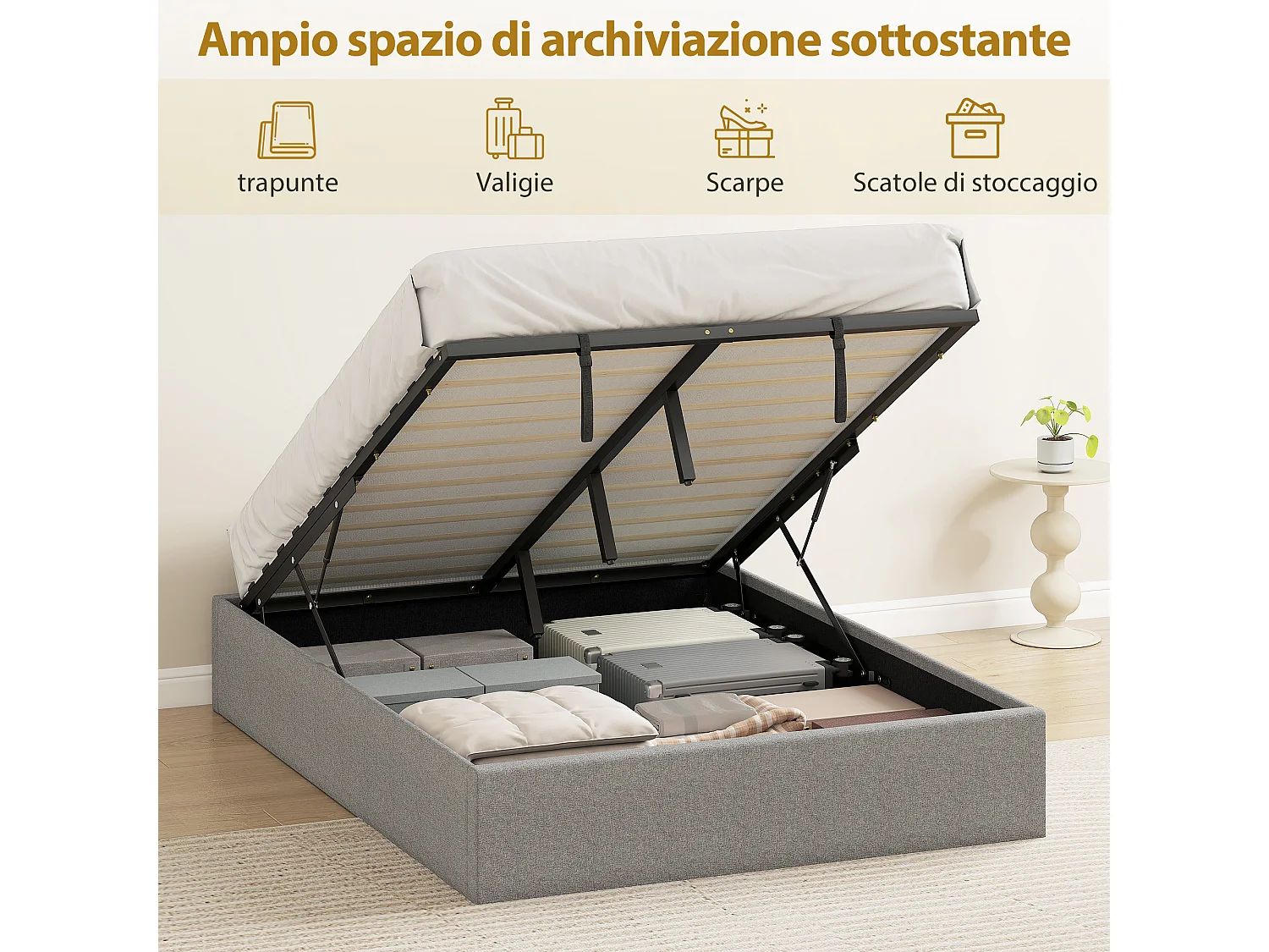 Letto contenitore 190x140 cm con doghe in legno e tessuto grigio