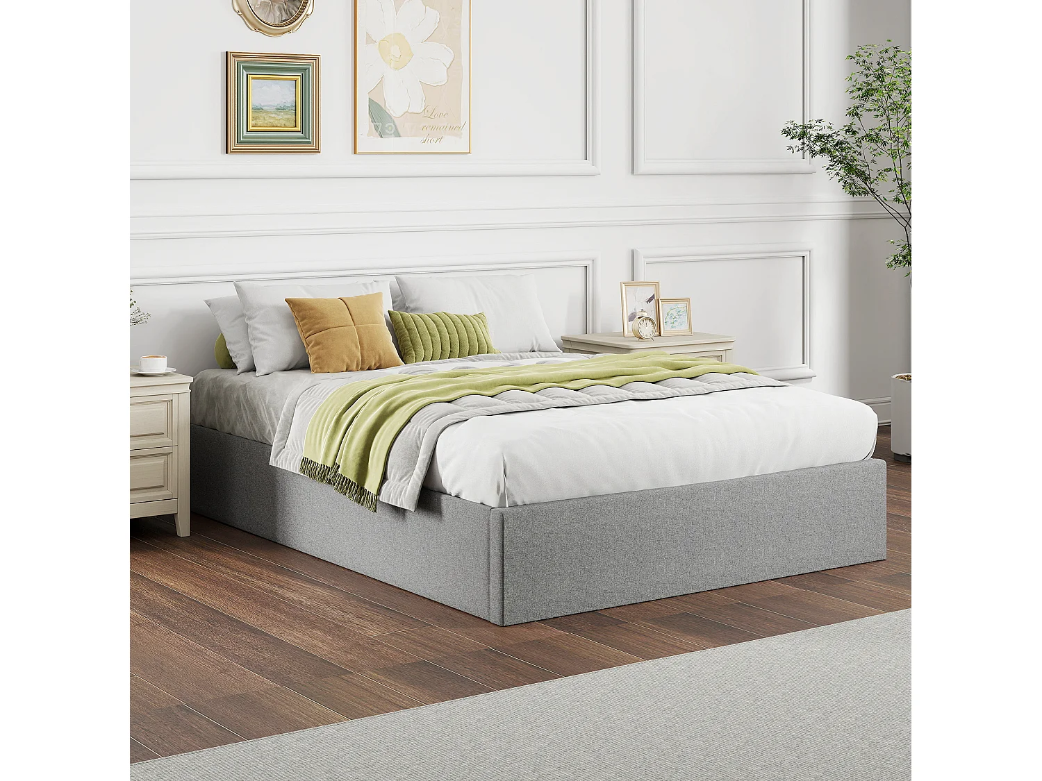 Letto contenitore 190x140 cm con doghe in legno e tessuto grigio