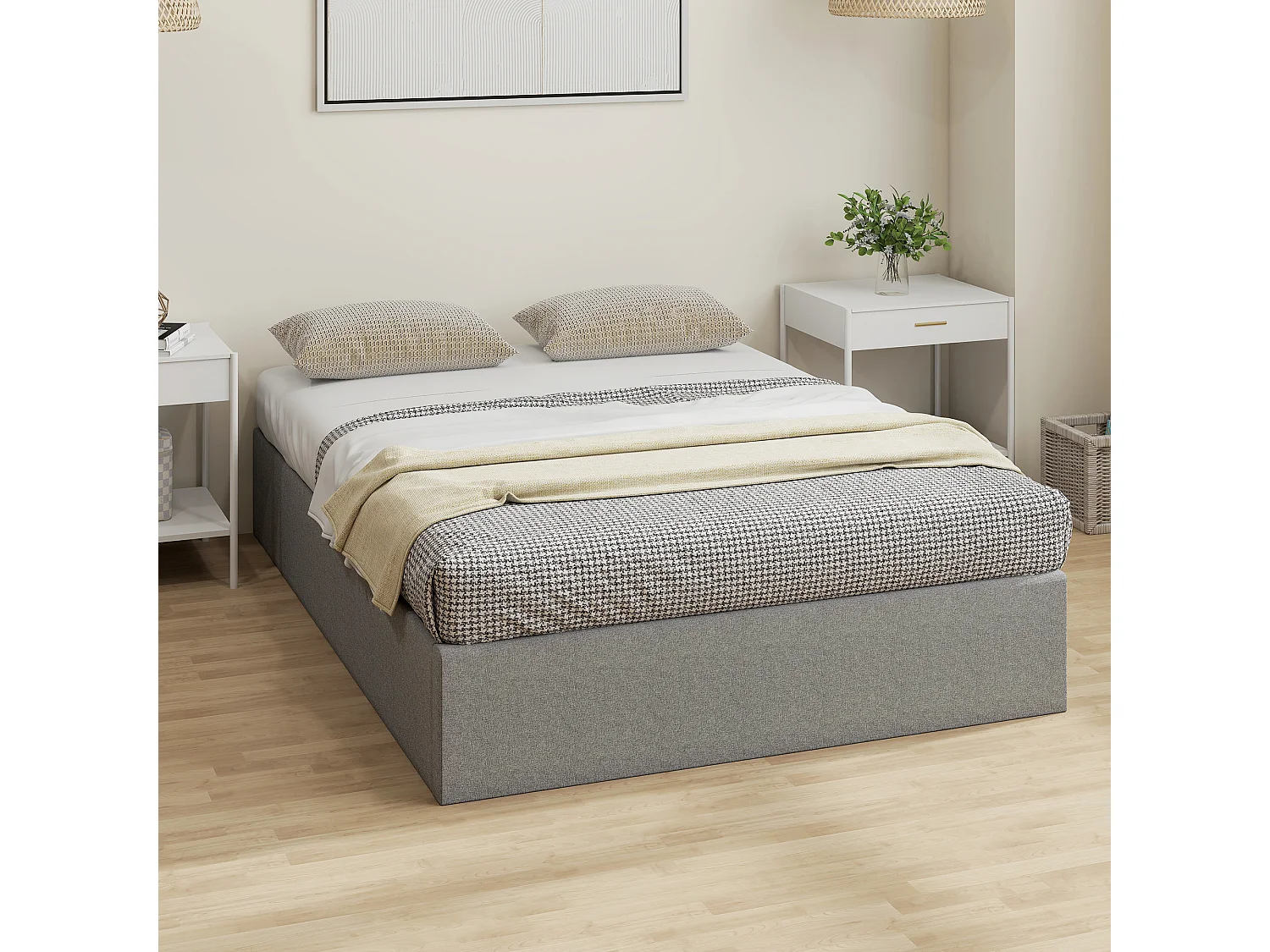 Letto contenitore 190x140 cm con doghe in legno e tessuto grigio