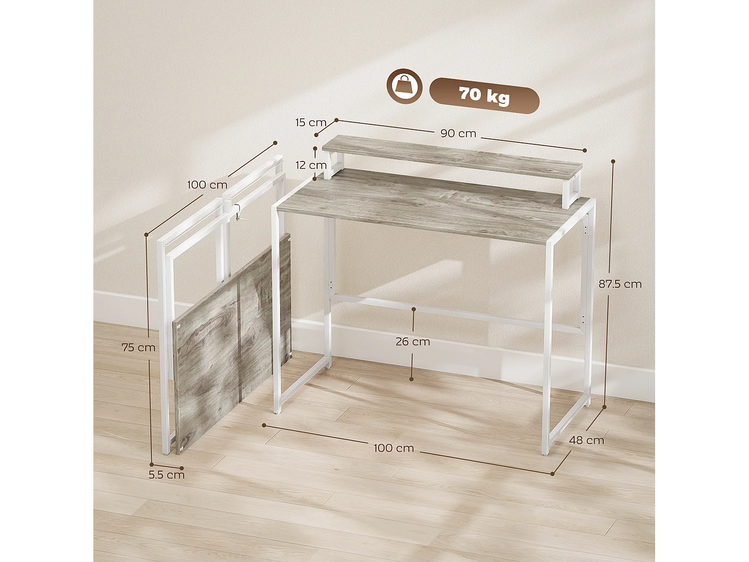 Scrivania pieghevole con stand per monitor rimovibile colore legno