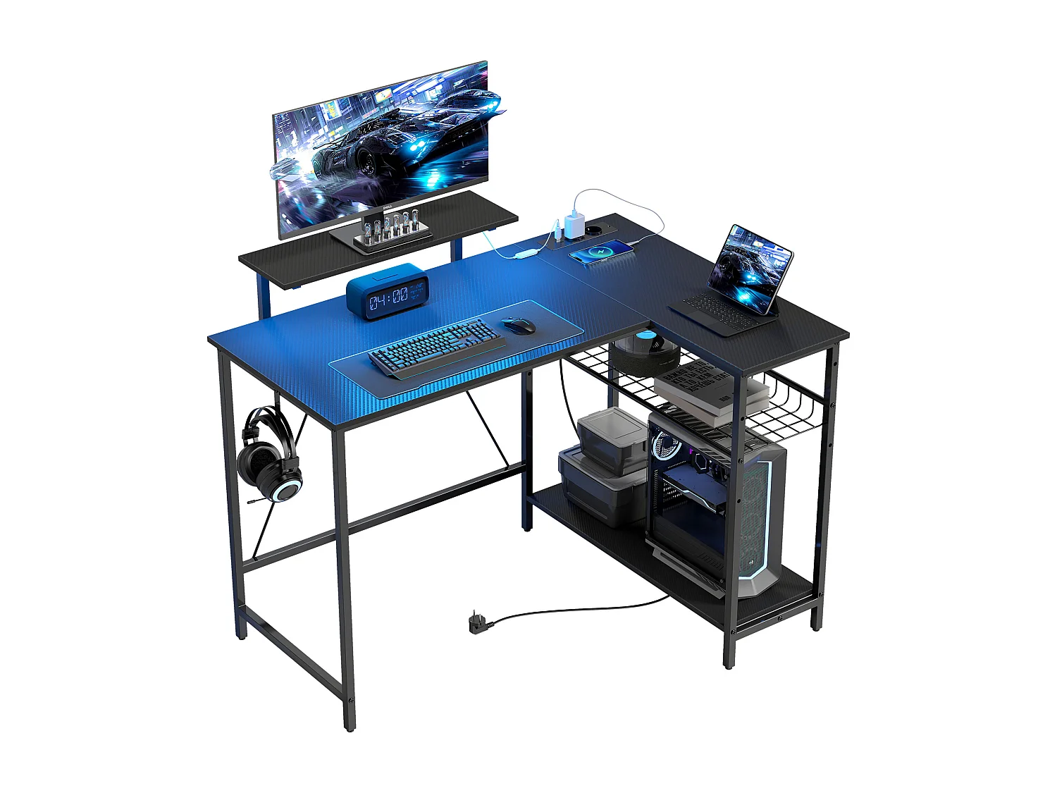 Scrivania da gaming angolare con luci e prese elettriche nero