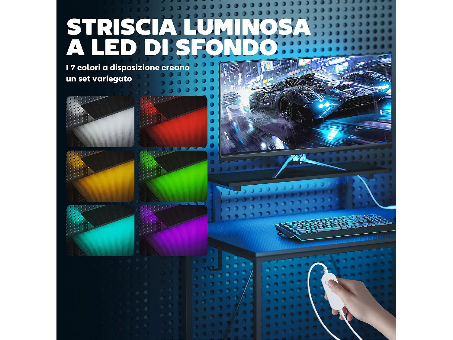 Scrivania da gaming angolare con luci e prese elettriche nero