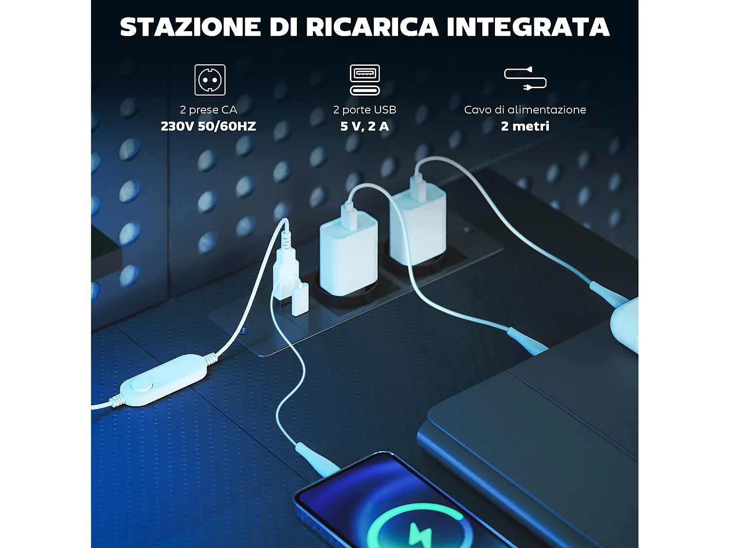 Scrivania da gaming angolare con luci e prese elettriche nero