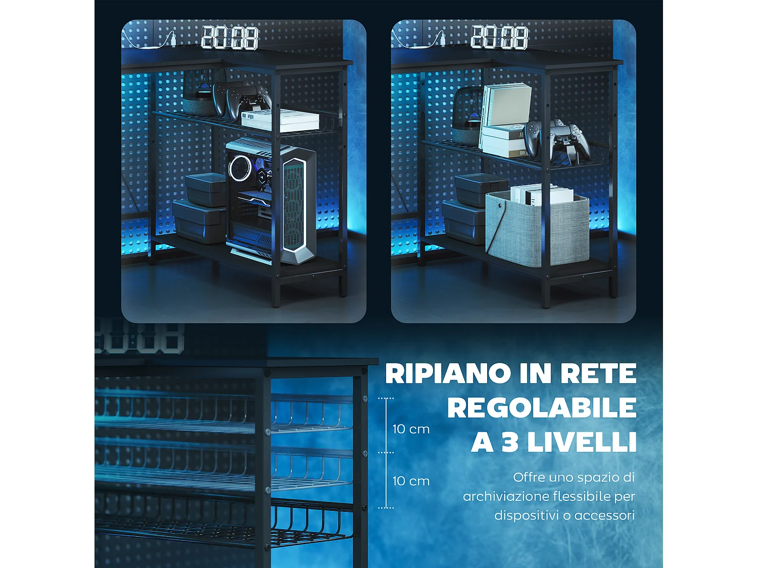 Scrivania da gaming angolare con luci e prese elettriche nero