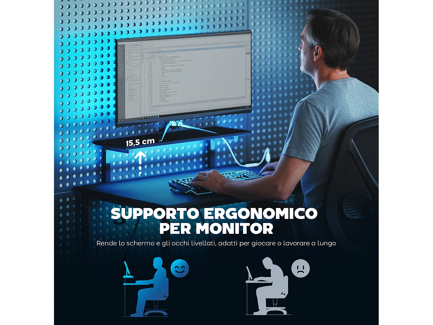 Scrivania da gaming angolare con luci e prese elettriche nero