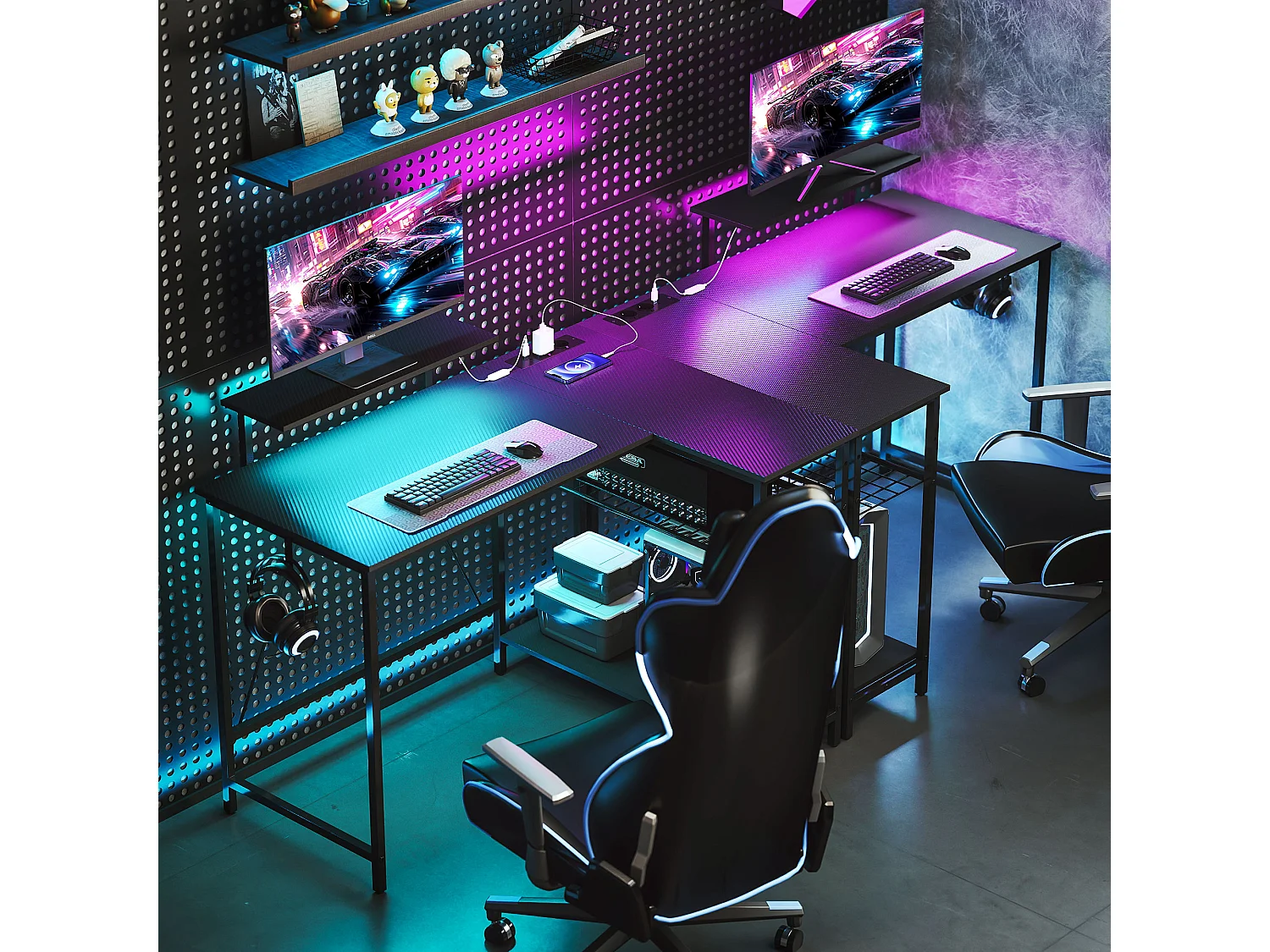 Scrivania da gaming angolare con luci e prese elettriche nero