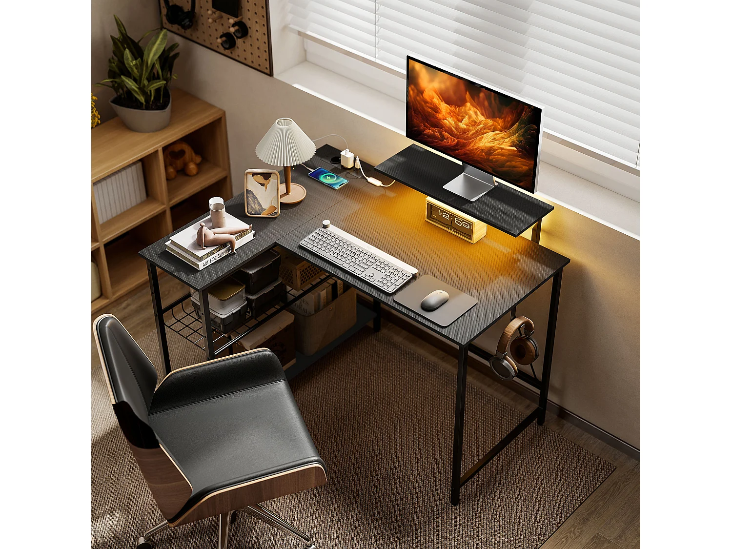 Scrivania da gaming angolare con luci e prese elettriche nero