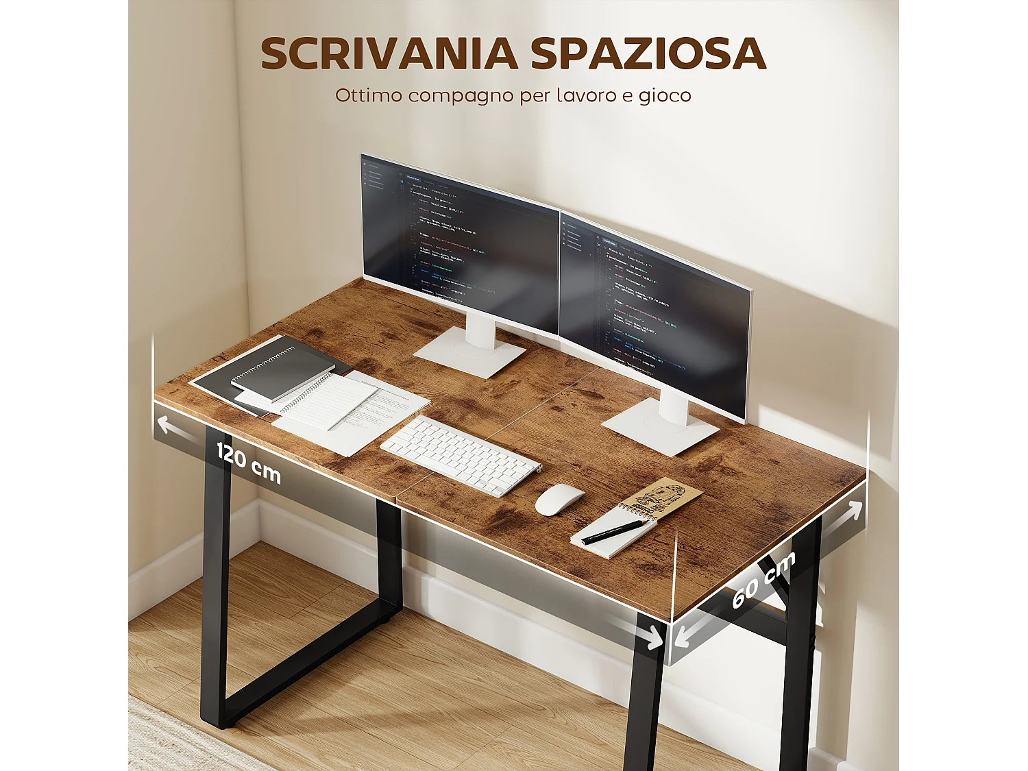 Scrivania per camera stile industriale in legno e acciaio nero marrone
