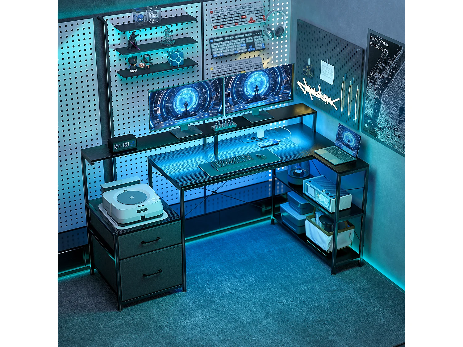 Scrivania gaming con spazi portaoggetti e 2 supporti monitor nero