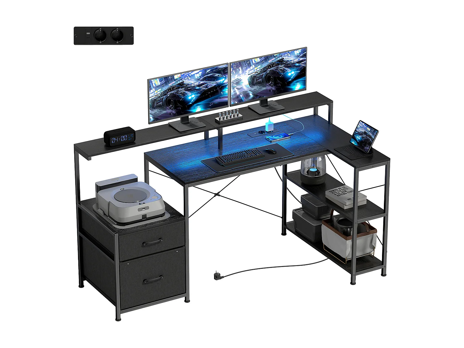 Scrivania gaming con spazi portaoggetti e 2 supporti monitor nero