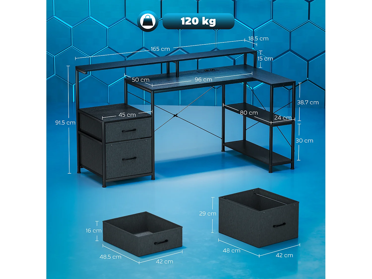 Scrivania gaming con spazi portaoggetti e 2 supporti monitor nero