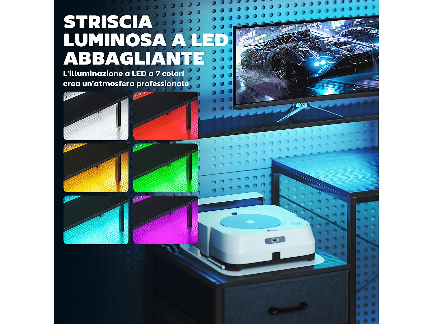 Scrivania gaming con spazi portaoggetti e 2 supporti monitor nero