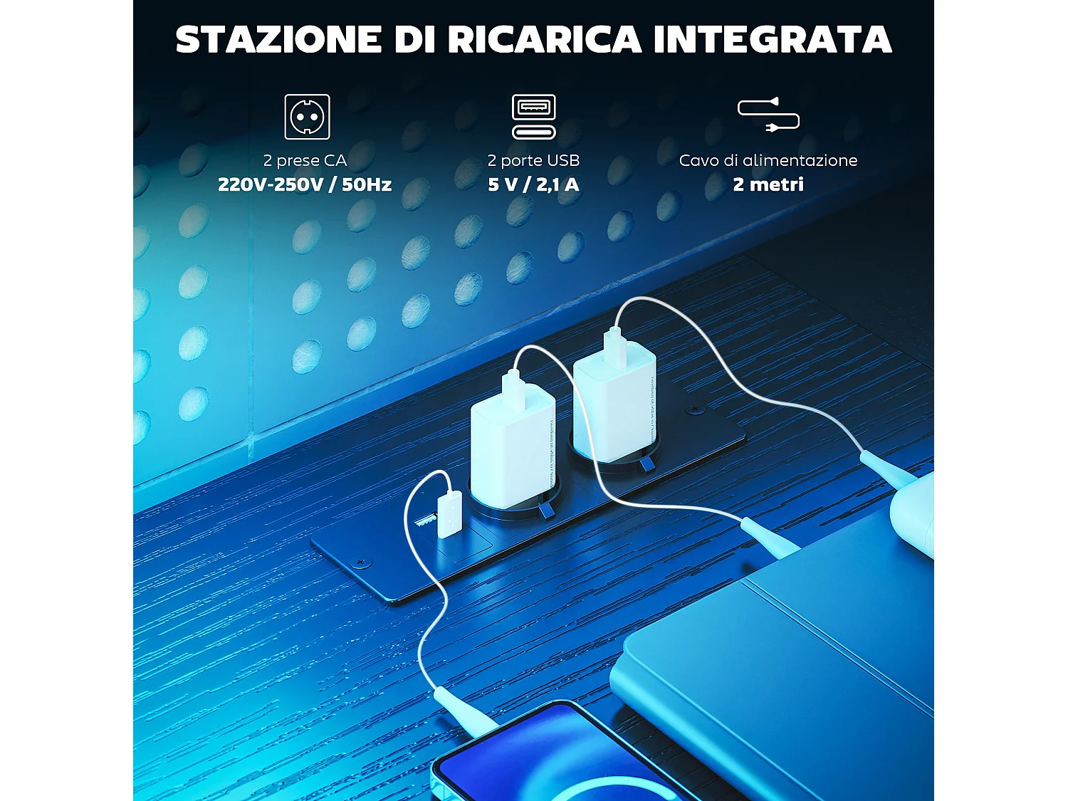 Scrivania gaming con spazi portaoggetti e 2 supporti monitor nero