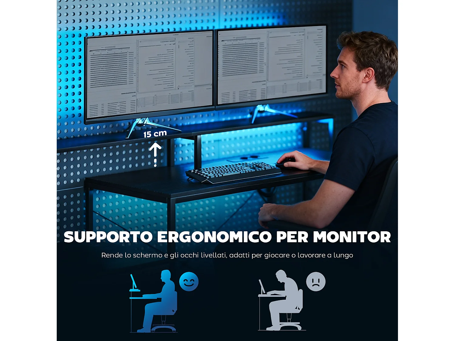 Scrivania gaming con spazi portaoggetti e 2 supporti monitor nero
