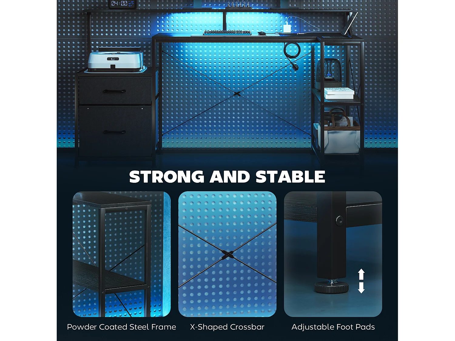 Scrivania gaming con spazi portaoggetti e 2 supporti monitor nero