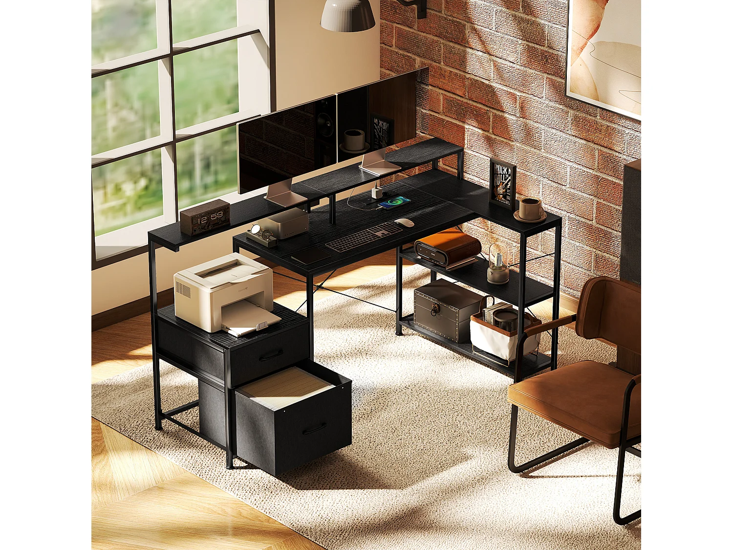 Scrivania gaming con spazi portaoggetti e 2 supporti monitor nero