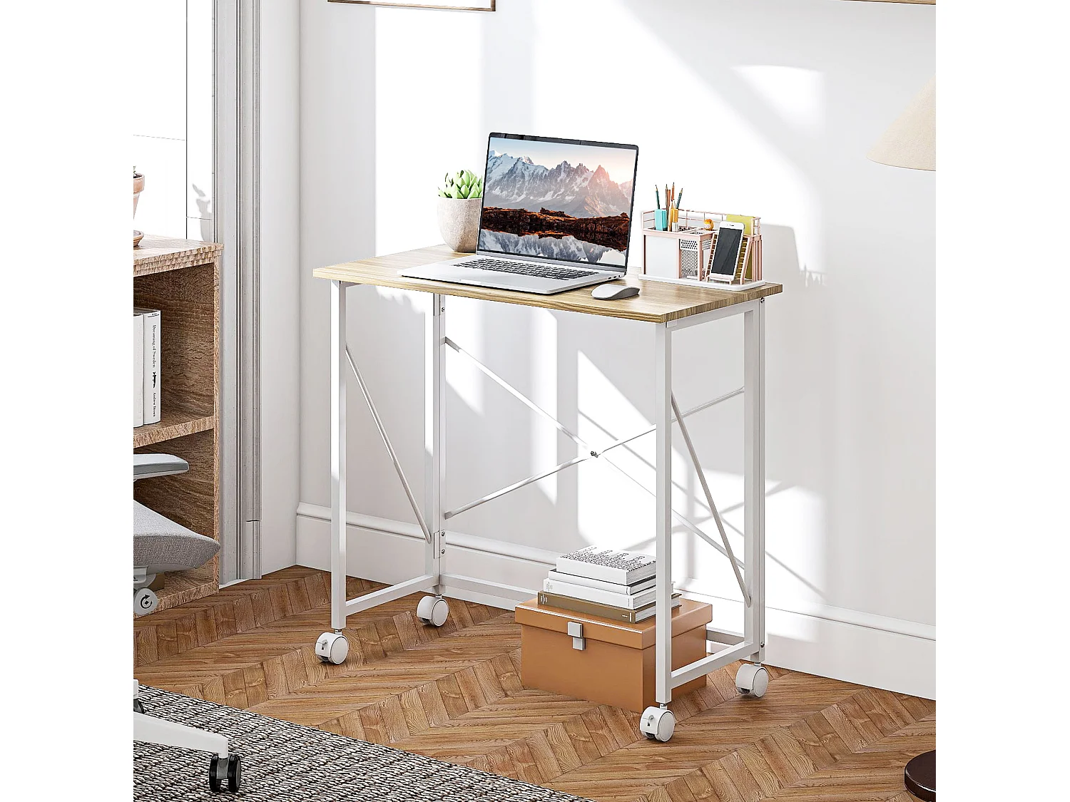 Scrivania pieghevole salvaspazio con 4 ruote con freno colore legno