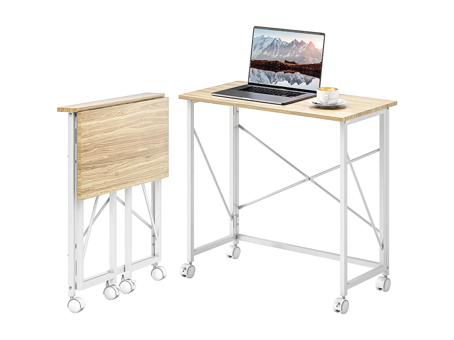 Scrivania pieghevole salvaspazio con 4 ruote con freno colore legno