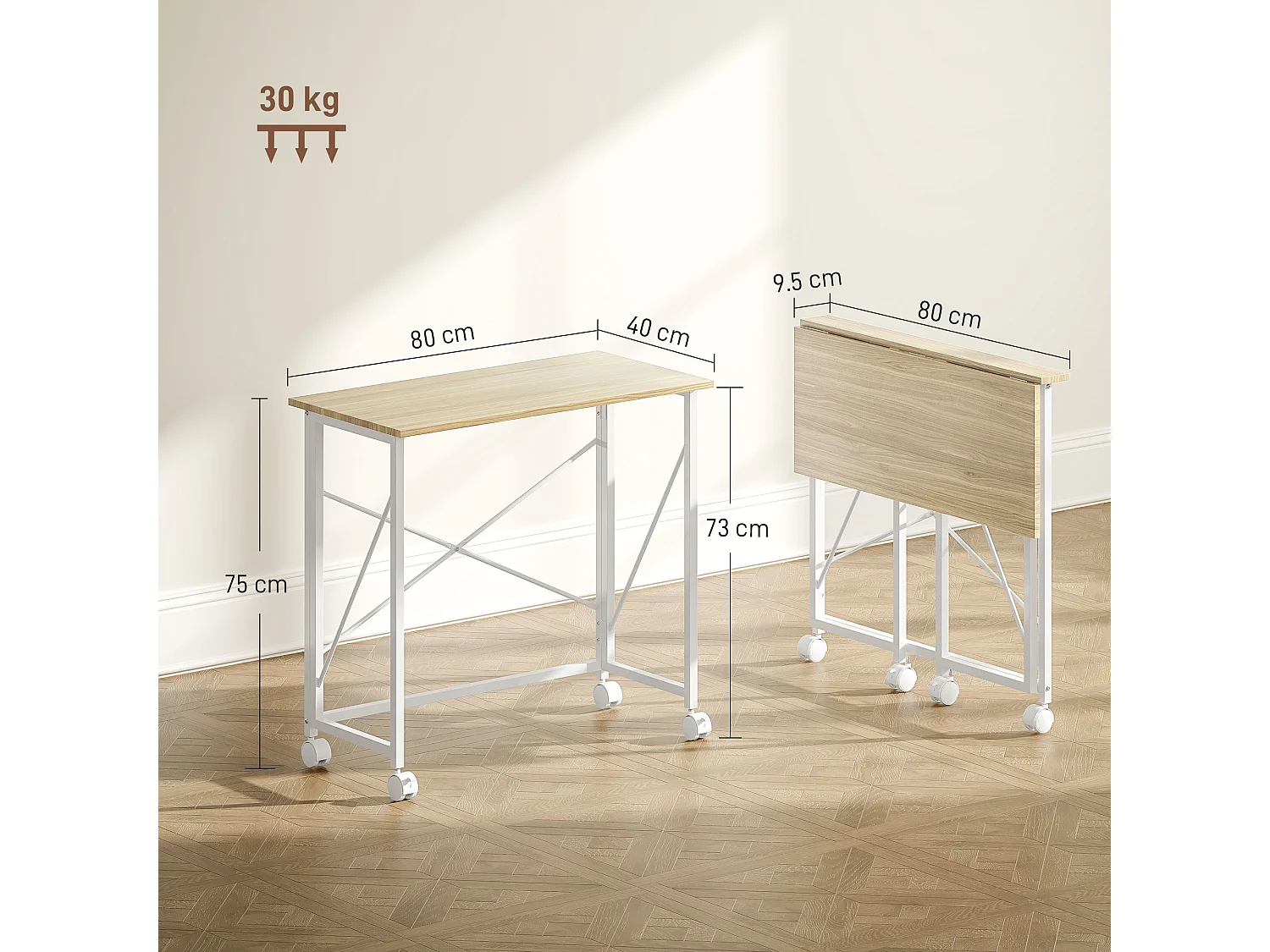 Scrivania pieghevole salvaspazio con 4 ruote con freno colore legno