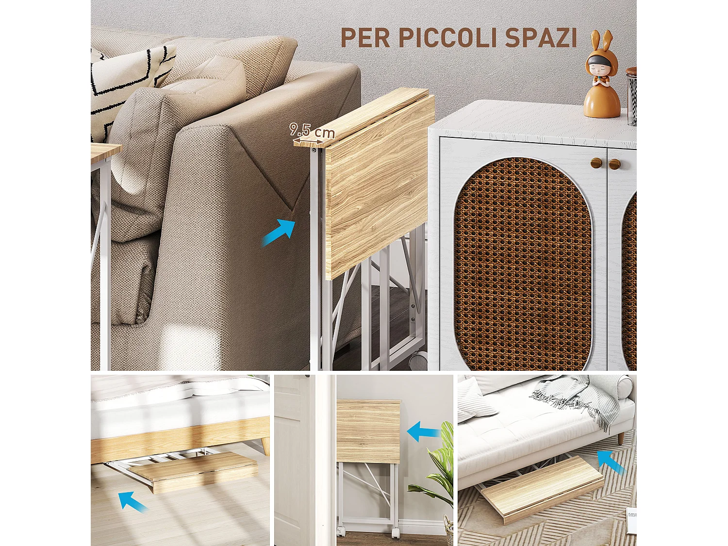 Scrivania pieghevole salvaspazio con 4 ruote con freno colore legno