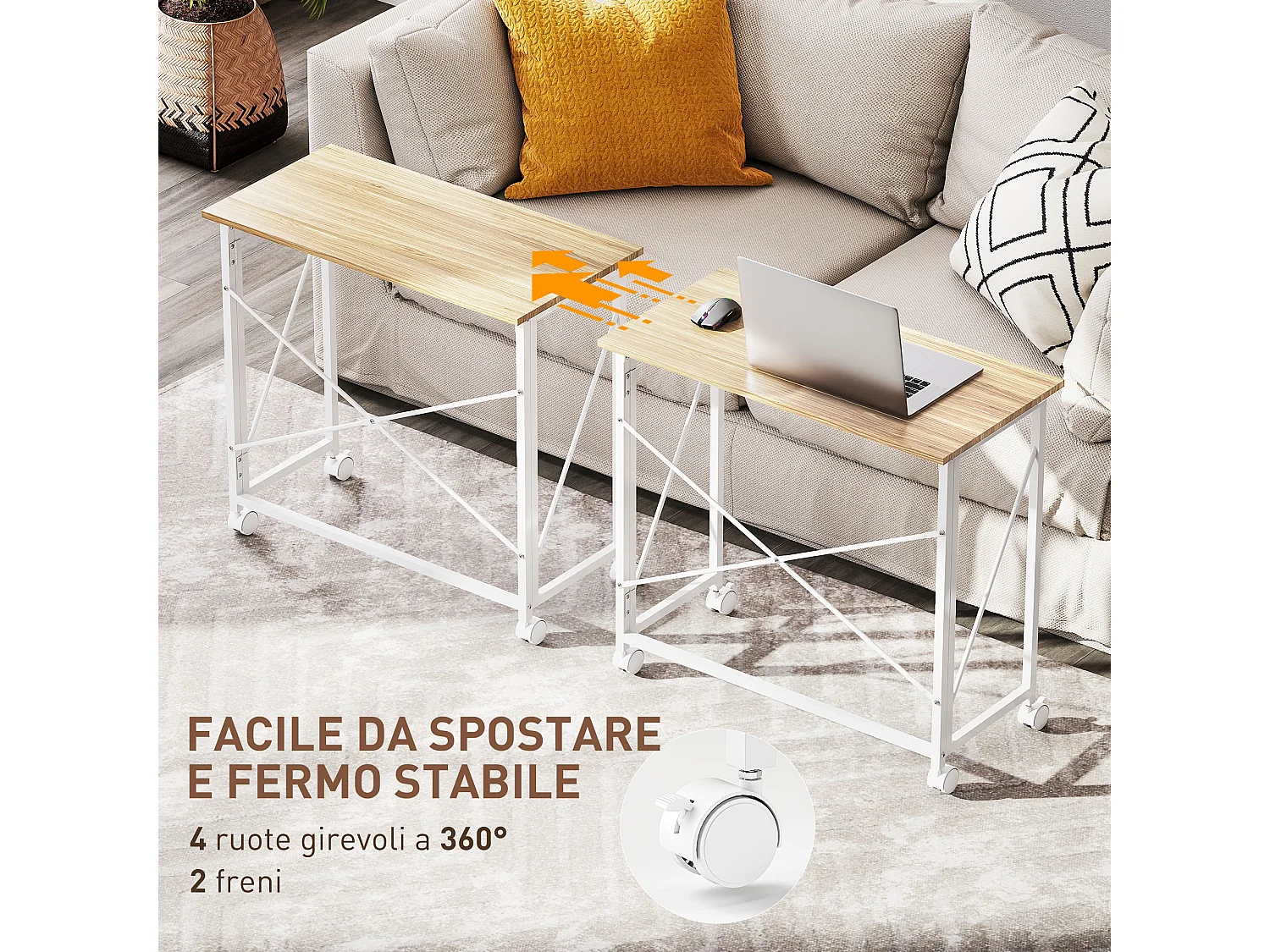 Scrivania pieghevole salvaspazio con 4 ruote con freno colore legno
