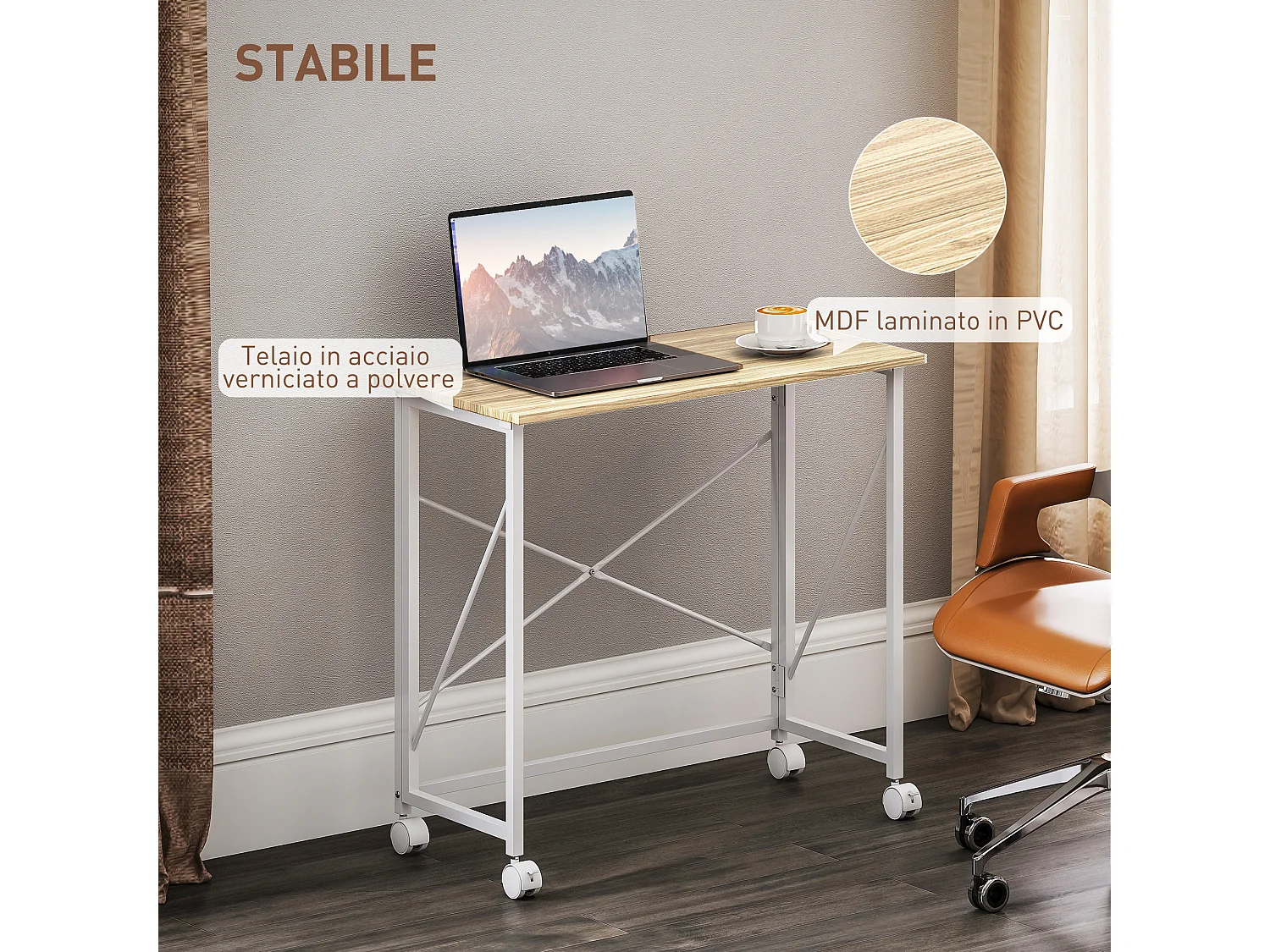 Scrivania pieghevole salvaspazio con 4 ruote con freno colore legno